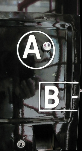 button A & button B in a red phone box